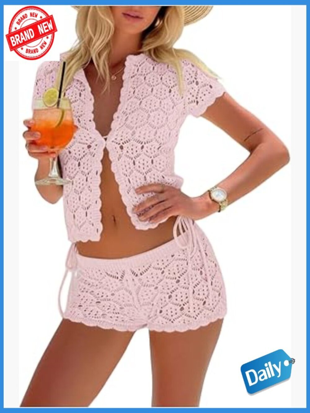 Crochet 2-Piece Short Set with Cardigan Top